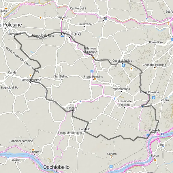 Map miniature of "Polesella to Arquà Polesine Road Cycling Route" cycling inspiration in Veneto, Italy. Generated by Tarmacs.app cycling route planner