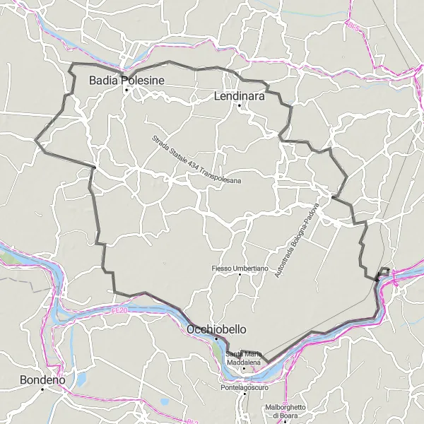 Miniature de la carte de l'inspiration cycliste "Circuit de vélo de route autour de Polesella" dans la Veneto, Italy. Générée par le planificateur d'itinéraire cycliste Tarmacs.app