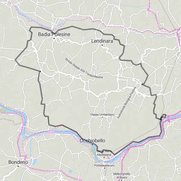 Mapa miniatúra "Okolie Polesella - Badia Polesine" cyklistická inšpirácia v Veneto, Italy. Vygenerované cyklistickým plánovačom trás Tarmacs.app