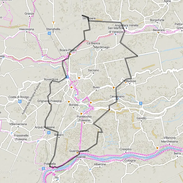 Map miniature of "Discovering Venice's Countryside: Cycling from Polesella to Villadose" cycling inspiration in Veneto, Italy. Generated by Tarmacs.app cycling route planner