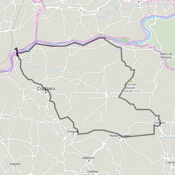 Miniatua del mapa de inspiración ciclista "Ruta de ciclismo de carretera de Polesella a Ro" en Veneto, Italy. Generado por Tarmacs.app planificador de rutas ciclistas