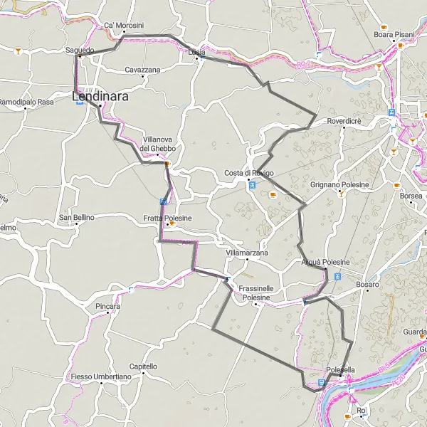 Kartminiatyr av "Polesella til Arquà Polesine Loop" sykkelinspirasjon i Veneto, Italy. Generert av Tarmacs.app sykkelrutoplanlegger