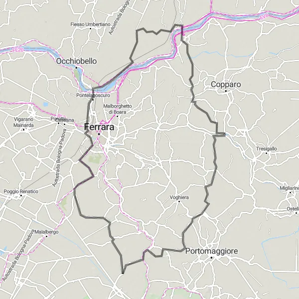 Miniature de la carte de l'inspiration cycliste "La Boucle des plaines et des villages" dans la Veneto, Italy. Générée par le planificateur d'itinéraire cycliste Tarmacs.app