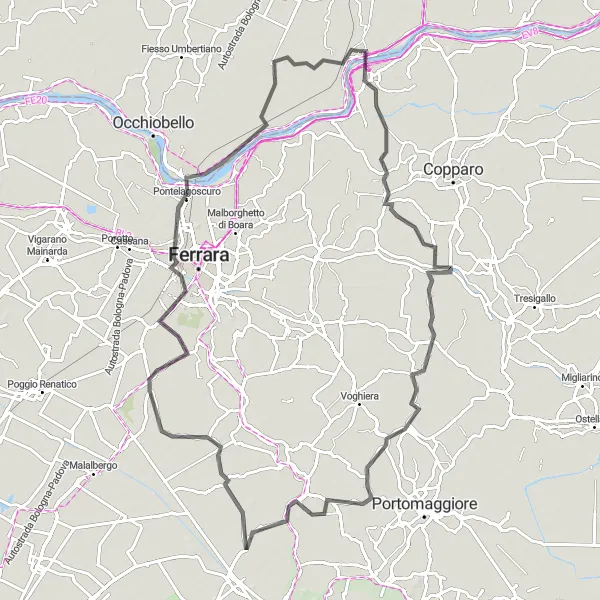 Miniatura della mappa di ispirazione al ciclismo "Cicloturismo da Ro a Villa Armellini" nella regione di Veneto, Italy. Generata da Tarmacs.app, pianificatore di rotte ciclistiche