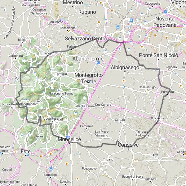 Mapa miniatúra "Okruh na bicykli s cestou poblíž Polverara" cyklistická inšpirácia v Veneto, Italy. Vygenerované cyklistickým plánovačom trás Tarmacs.app