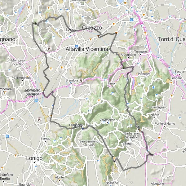 Miniatua del mapa de inspiración ciclista "Desafío de Ciclismo de Carretera por Grancona y Mossano" en Veneto, Italy. Generado por Tarmacs.app planificador de rutas ciclistas