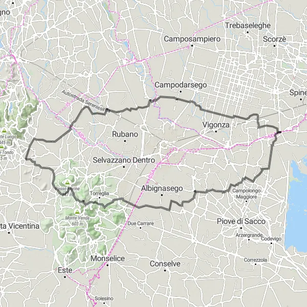 Miniatura della mappa di ispirazione al ciclismo "Pianiga to Ponte di Barbarano Circuit" nella regione di Veneto, Italy. Generata da Tarmacs.app, pianificatore di rotte ciclistiche