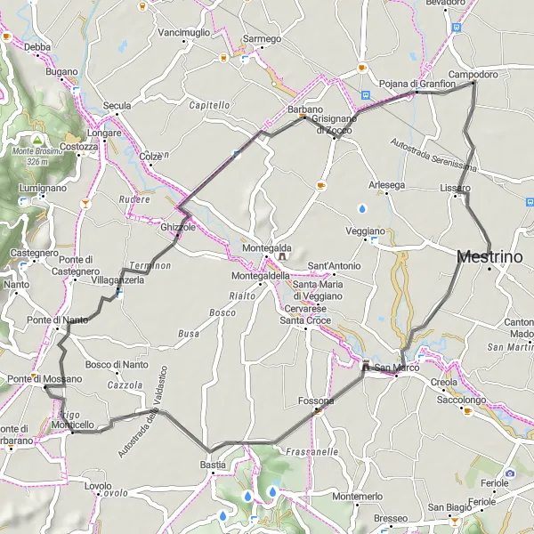 Miniatura della mappa di ispirazione al ciclismo "Grisignano di Zocco to Monticello Loop" nella regione di Veneto, Italy. Generata da Tarmacs.app, pianificatore di rotte ciclistiche