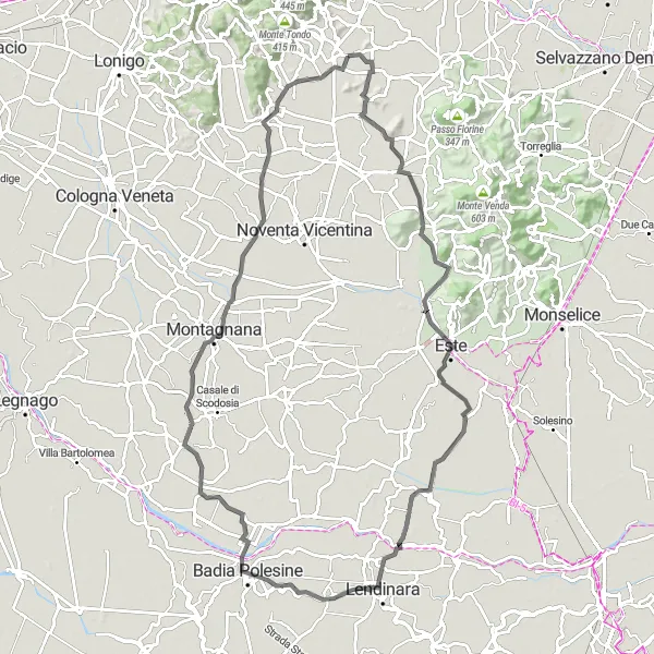 Mapa miniatúra "Cyklotrasa cez Villa Estense a Merlara" cyklistická inšpirácia v Veneto, Italy. Vygenerované cyklistickým plánovačom trás Tarmacs.app