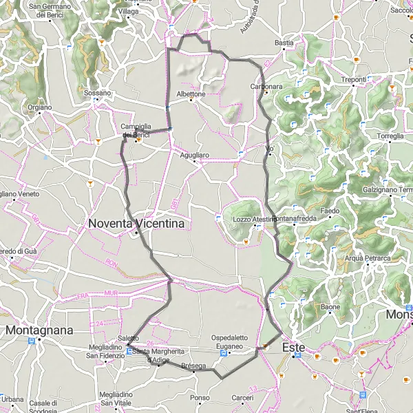 Zemljevid v pomanjšavi "Kolesarska pot okoli Ponte di Barbarano" kolesarske inspiracije v Veneto, Italy. Generirano z načrtovalcem kolesarskih poti Tarmacs.app