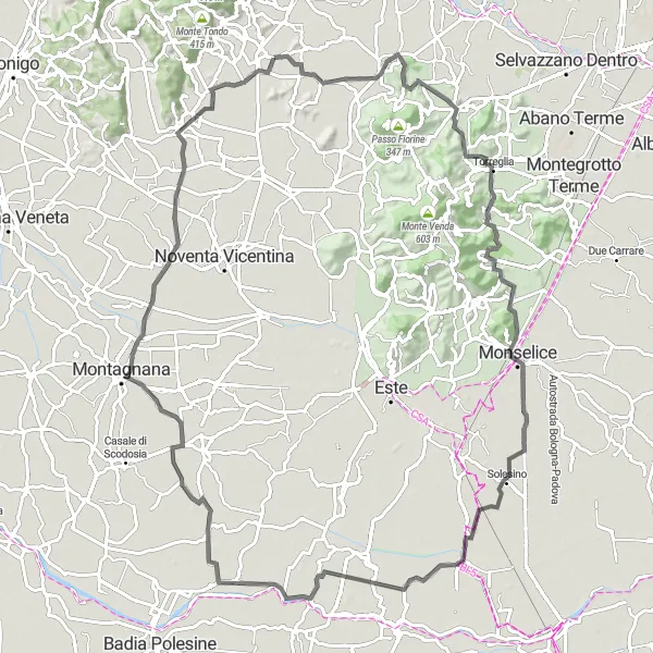 Zemljevid v pomanjšavi "Raznolika 103 km dolga kolesarska pot skozi Sant'Urbano" kolesarske inspiracije v Veneto, Italy. Generirano z načrtovalcem kolesarskih poti Tarmacs.app