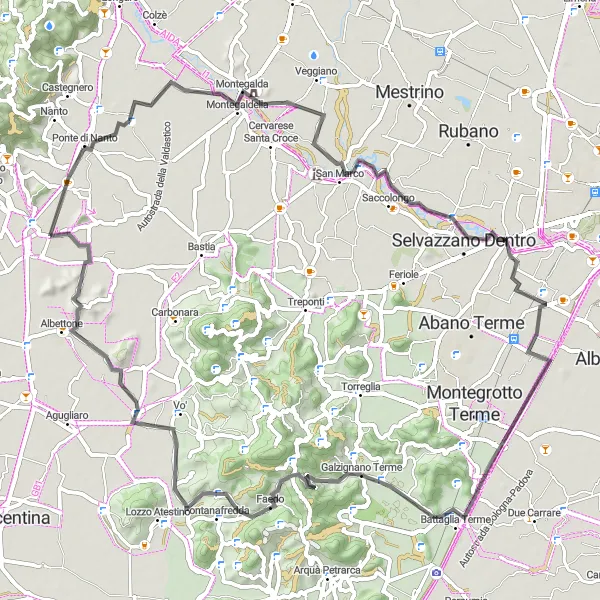 Miniatura della mappa di ispirazione al ciclismo "Montegalda to Ponte di Barbarano Round Trip" nella regione di Veneto, Italy. Generata da Tarmacs.app, pianificatore di rotte ciclistiche