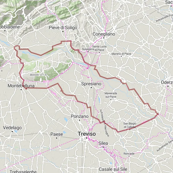 Miniatua del mapa de inspiración ciclista "Ruta de ciclismo de grava cerca de Ponte di Piave" en Veneto, Italy. Generado por Tarmacs.app planificador de rutas ciclistas