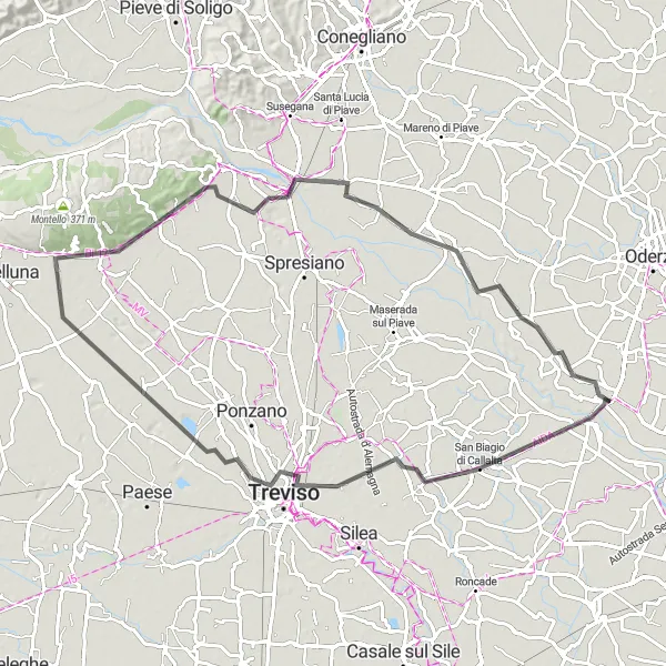 Map miniature of "Montello Challenge" cycling inspiration in Veneto, Italy. Generated by Tarmacs.app cycling route planner
