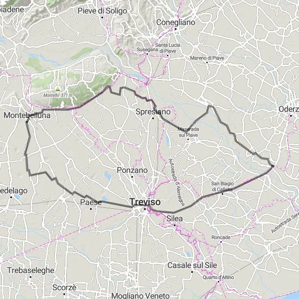 Miniaturní mapa "Trasa kolem Silea a Montebelluny" inspirace pro cyklisty v oblasti Veneto, Italy. Vytvořeno pomocí plánovače tras Tarmacs.app