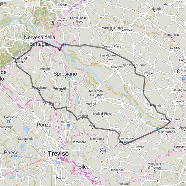 Miniatura della mappa di ispirazione al ciclismo "Cavrìé Circuit Road" nella regione di Veneto, Italy. Generata da Tarmacs.app, pianificatore di rotte ciclistiche