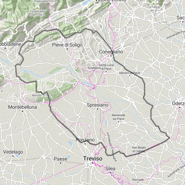 Miniature de la carte de l'inspiration cycliste "Parcours panoramique jusqu'à Ormelle" dans la Veneto, Italy. Générée par le planificateur d'itinéraire cycliste Tarmacs.app