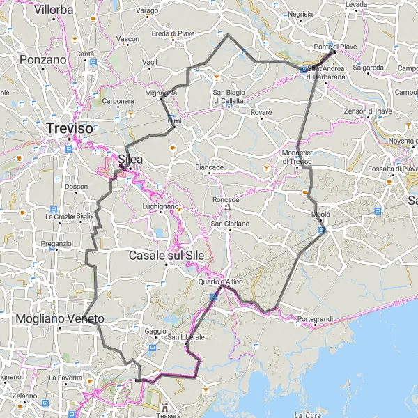 Miniaturní mapa "Cyklistická trasa směrem k Meolo" inspirace pro cyklisty v oblasti Veneto, Italy. Vytvořeno pomocí plánovače tras Tarmacs.app