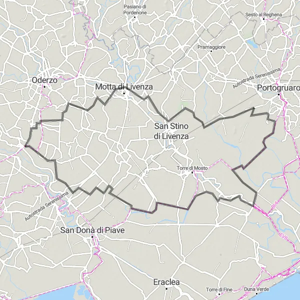 Miniature de la carte de l'inspiration cycliste "La route de Motta di Livenza" dans la Veneto, Italy. Générée par le planificateur d'itinéraire cycliste Tarmacs.app