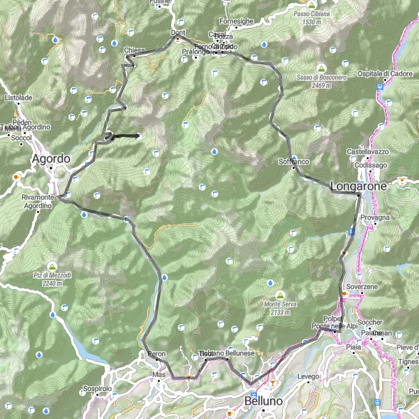 Miniatua del mapa de inspiración ciclista "Ruta de Ciclismo de Carretera por Col Frussàl y Passo Duran" en Veneto, Italy. Generado por Tarmacs.app planificador de rutas ciclistas