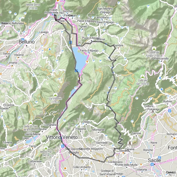 Map miniature of "Valleys and Vineyards" cycling inspiration in Veneto, Italy. Generated by Tarmacs.app cycling route planner