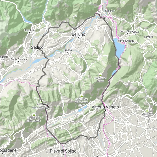 Miniaturní mapa "Okružní cyklotrasa v blízkosti Ponte nelle Alpi" inspirace pro cyklisty v oblasti Veneto, Italy. Vytvořeno pomocí plánovače tras Tarmacs.app