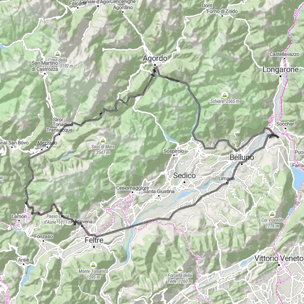 Miniature de la carte de l'inspiration cycliste "Les hauts cols des Dolomites" dans la Veneto, Italy. Générée par le planificateur d'itinéraire cycliste Tarmacs.app