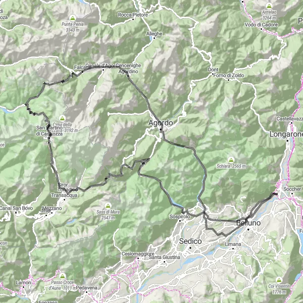 Miniaturní mapa "Náročná cyklotrasa přes San Martino di Castrozza a Passo Valles" inspirace pro cyklisty v oblasti Veneto, Italy. Vytvořeno pomocí plánovače tras Tarmacs.app
