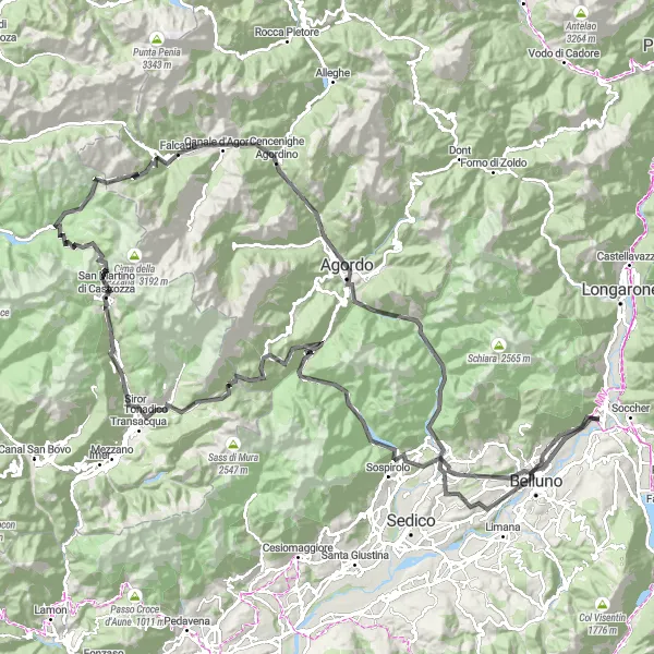 Miniatuurkaart van de fietsinspiratie "Bergpassen en pittoreske dorpjes" in Veneto, Italy. Gemaakt door de Tarmacs.app fietsrouteplanner