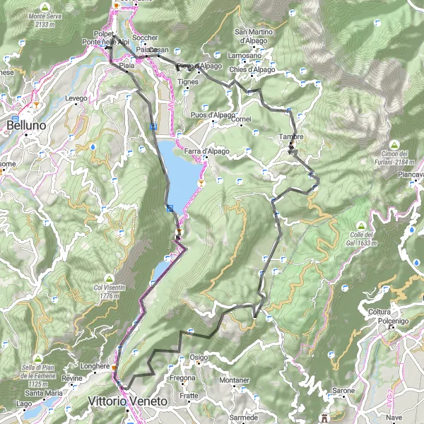 Miniaturní mapa "Cyklotrasa okolo Ponte nelle Alpi" inspirace pro cyklisty v oblasti Veneto, Italy. Vytvořeno pomocí plánovače tras Tarmacs.app