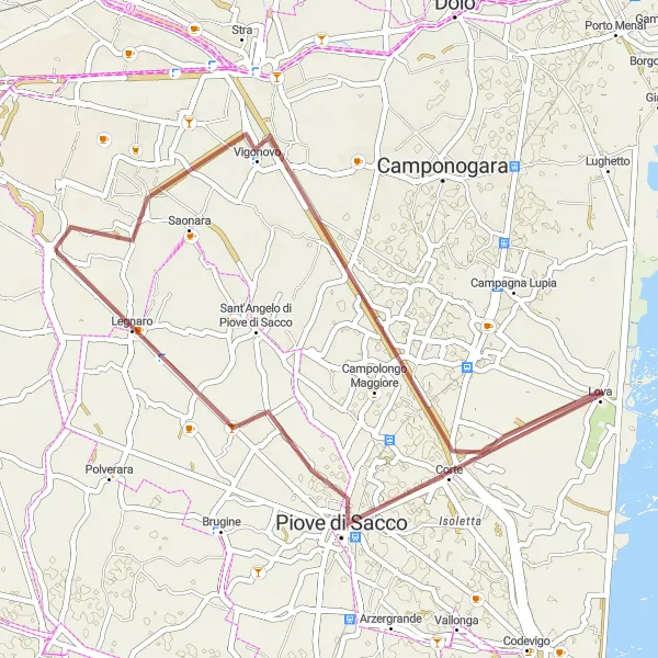Miniaturní mapa "Gravel Route around Ponte San Nicolò" inspirace pro cyklisty v oblasti Veneto, Italy. Vytvořeno pomocí plánovače tras Tarmacs.app
