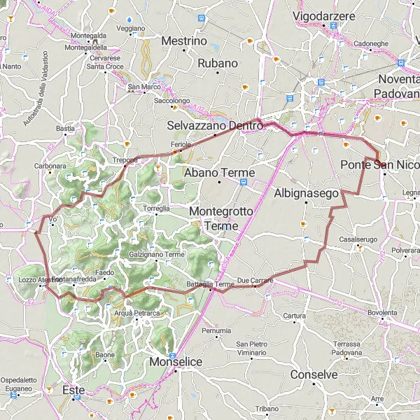 Miniaturní mapa "Gravelová trasa Ponte San Nicolò - Due Carrare" inspirace pro cyklisty v oblasti Veneto, Italy. Vytvořeno pomocí plánovače tras Tarmacs.app