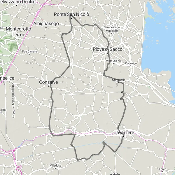 Miniatua del mapa de inspiración ciclista "Ruta de Carretera hacia Bovolenta" en Veneto, Italy. Generado por Tarmacs.app planificador de rutas ciclistas