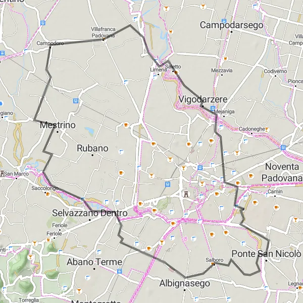 Mapa miniatúra "Krátky kruh s bohatými zastávkami" cyklistická inšpirácia v Veneto, Italy. Vygenerované cyklistickým plánovačom trás Tarmacs.app