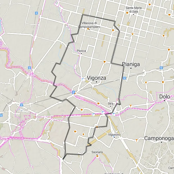 Mapa miniatúra "Zaujímavý okruh cez Noventu Padovana a Pianigu" cyklistická inšpirácia v Veneto, Italy. Vygenerované cyklistickým plánovačom trás Tarmacs.app