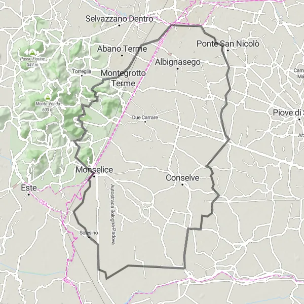 Miniatura della mappa di ispirazione al ciclismo "Circuito in bicicletta da Ponte San Nicolò a Galzignano Terme" nella regione di Veneto, Italy. Generata da Tarmacs.app, pianificatore di rotte ciclistiche