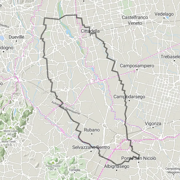 Miniature de la carte de l'inspiration cycliste "Parcours Route autour de Ponte San Nicolò" dans la Veneto, Italy. Générée par le planificateur d'itinéraire cycliste Tarmacs.app
