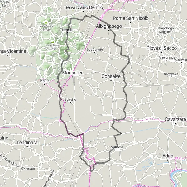Miniatura della mappa di ispirazione al ciclismo "L'Anello dei Colli Euganei" nella regione di Veneto, Italy. Generata da Tarmacs.app, pianificatore di rotte ciclistiche