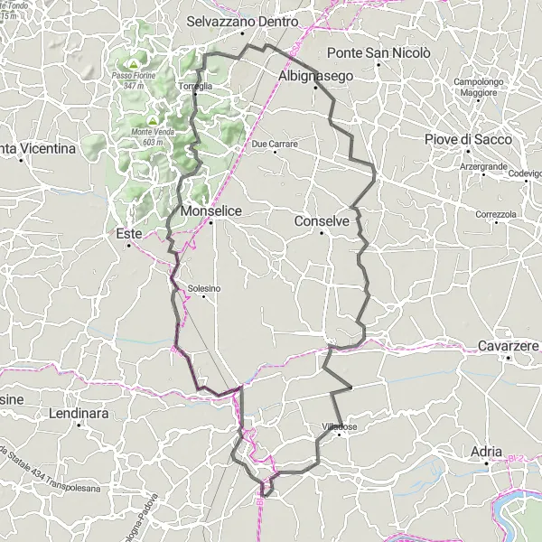 Miniatuurkaart van de fietsinspiratie "Bergachtige fietstocht naar Rovigo" in Veneto, Italy. Gemaakt door de Tarmacs.app fietsrouteplanner