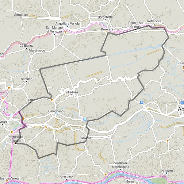 Karttaminiaatyyri "Kiehtova reitti Busosta Pontecchio Polesineen" pyöräilyinspiraatiosta alueella Veneto, Italy. Luotu Tarmacs.app pyöräilyreittisuunnittelijalla