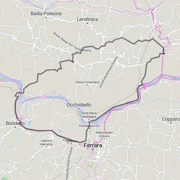Zemljevid v pomanjšavi "Potovanje po venčnem ciklu iz Pontecchio Polesine" kolesarske inspiracije v Veneto, Italy. Generirano z načrtovalcem kolesarskih poti Tarmacs.app