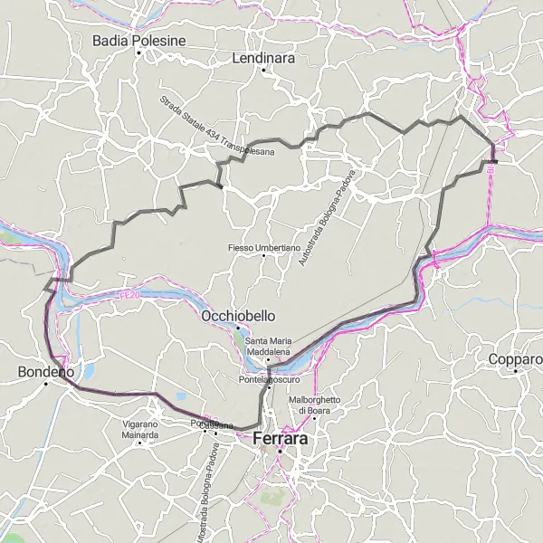 Miniatura della mappa di ispirazione al ciclismo "Avventura ciclistica a Ficarolo" nella regione di Veneto, Italy. Generata da Tarmacs.app, pianificatore di rotte ciclistiche