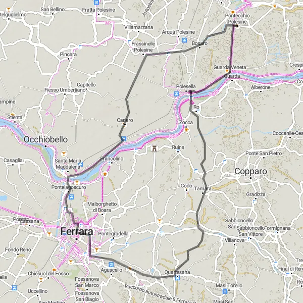 Miniatuurkaart van de fietsinspiratie "Excursie vanuit Pontecchio Polesine naar Ferrara en Bosaro" in Veneto, Italy. Gemaakt door de Tarmacs.app fietsrouteplanner