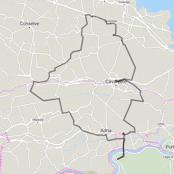 Mapa miniatúra "Kulatý okruh cez Correzzola a Cà Emo" cyklistická inšpirácia v Veneto, Italy. Vygenerované cyklistickým plánovačom trás Tarmacs.app