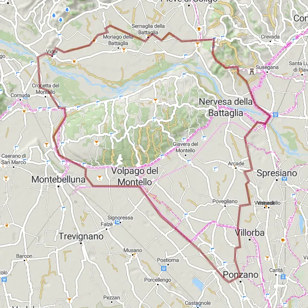 Miniatua del mapa de inspiración ciclista "Ruta de grava desde Ponzano" en Veneto, Italy. Generado por Tarmacs.app planificador de rutas ciclistas