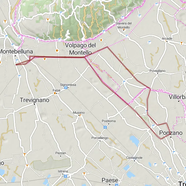 Miniatua del mapa de inspiración ciclista "Ruta de grava desde Ponzano" en Veneto, Italy. Generado por Tarmacs.app planificador de rutas ciclistas