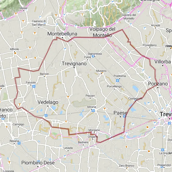 Miniatua del mapa de inspiración ciclista "Ruta de gravel de 68 km cerca de Ponzano" en Veneto, Italy. Generado por Tarmacs.app planificador de rutas ciclistas