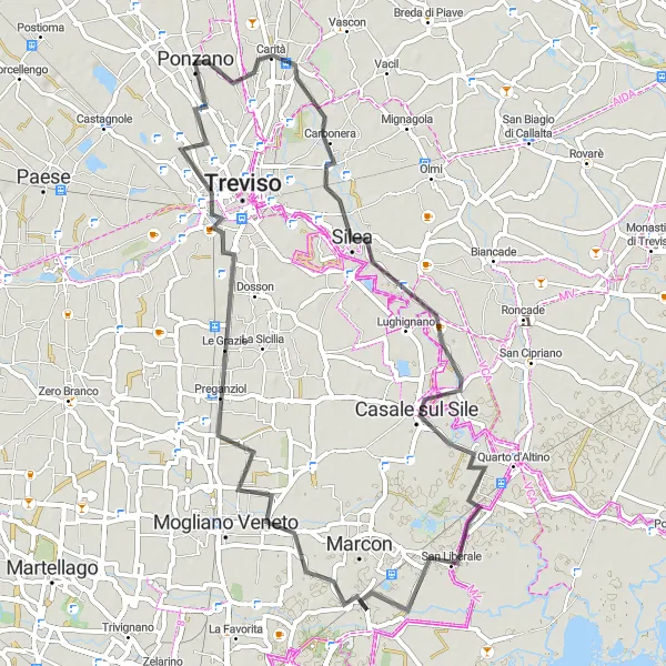 Map miniature of "Ponzano - Silea Loop" cycling inspiration in Veneto, Italy. Generated by Tarmacs.app cycling route planner