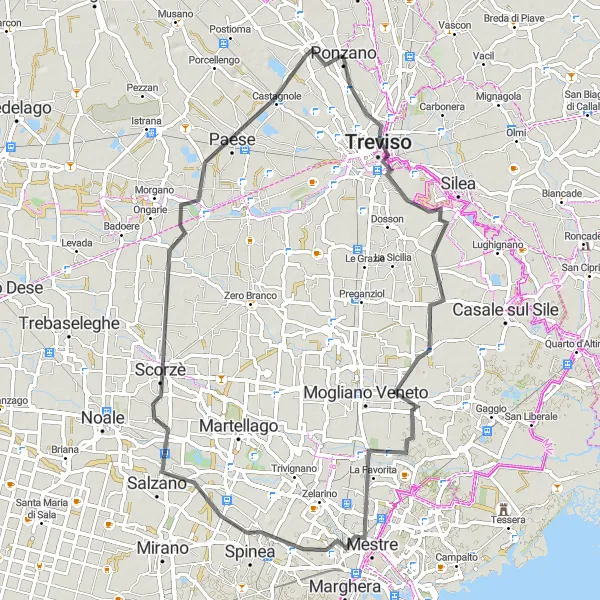 Miniatua del mapa de inspiración ciclista "Ruta panorámica de Treviso a Paese" en Veneto, Italy. Generado por Tarmacs.app planificador de rutas ciclistas