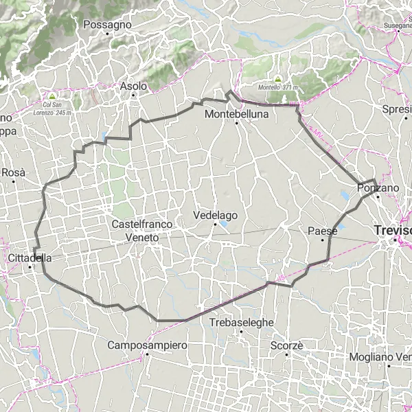 Kartminiatyr av "Cykeltur till Volpago del Montello" cykelinspiration i Veneto, Italy. Genererad av Tarmacs.app cykelruttplanerare